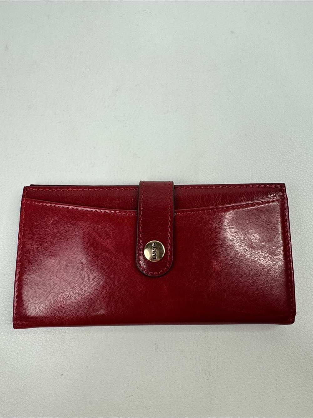 Lodis Red Leather Snap-Closure Wallet Gold Logo Zip Slip pockets New